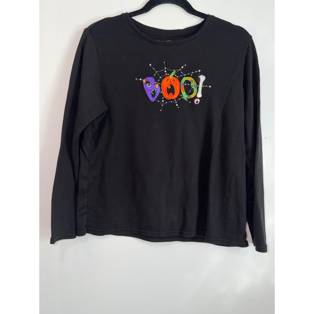 White Stag Halloween Boo Spiderweb Long Sleeve Embroidered Top Shirt L 12/14